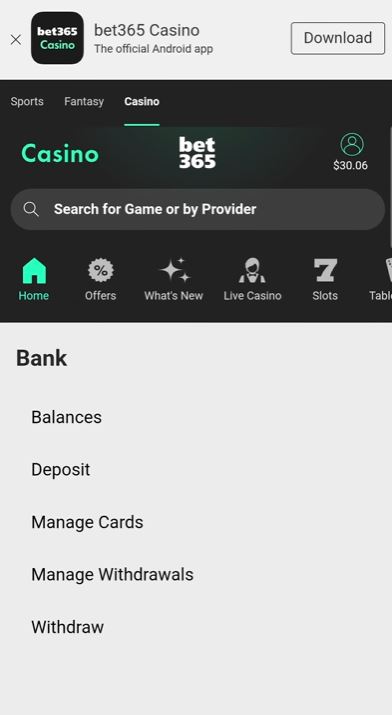 Bet365 casino interface screenshot 5